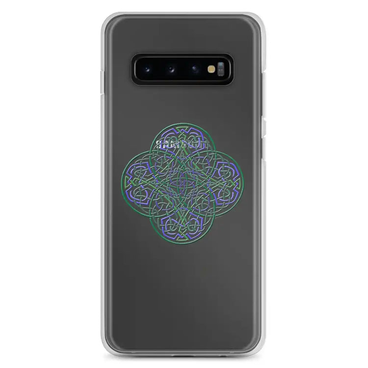 A Samsung Galaxy S10+ with a Xigfireon clear phone case featuring the Living Colour iteration of the Reach Of The Spirit Celtic knot design. The Reach Of The Spirit Celtic knot design represents Mother Earth.