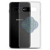 A Samsung Galaxy S10+ behind a Xigfireon clear phone case featuring the Living Colour iteration of the Reach Of The Spirit Celtic knot design. The Reach Of The Spirit Celtic knot design represents Mother Earth.