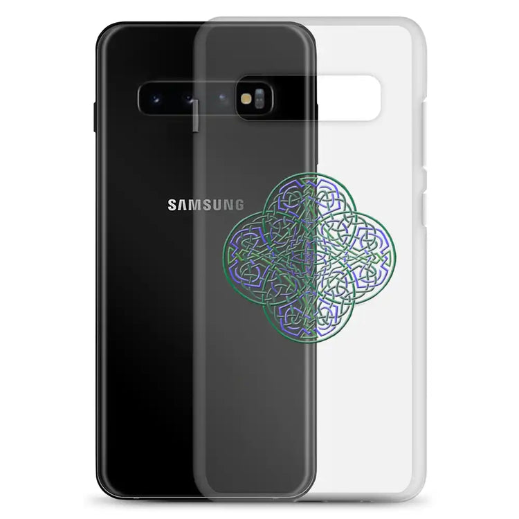 A Samsung Galaxy S10+ behind a Xigfireon clear phone case featuring the Living Colour iteration of the Reach Of The Spirit Celtic knot design. The Reach Of The Spirit Celtic knot design represents Mother Earth.