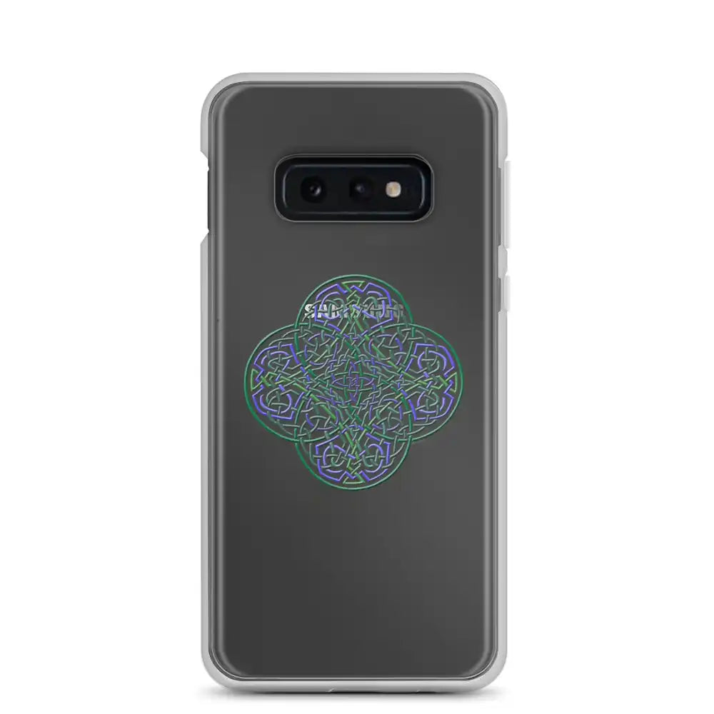 A Samsung Galaxy S10E with a Xigfireon clear phone case featuring the Living Colour iteration of the Reach Of The Spirit Celtic knot design. The Reach Of The Spirit Celtic knot design represents Mother Earth.