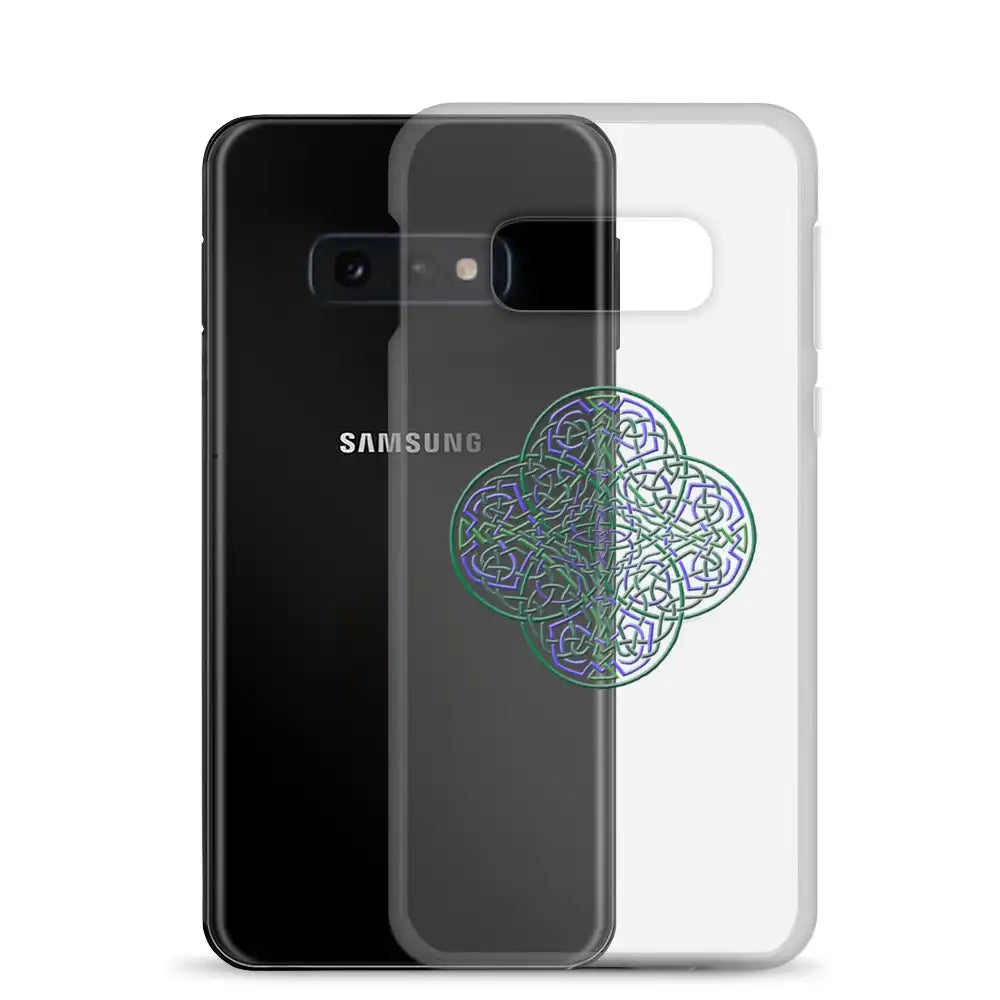 A Samsung Galaxy S10E behind a Xigfireon clear phone case featuring the Living Colour iteration of the Reach Of The Spirit Celtic knot design. The Reach Of The Spirit Celtic knot design represents Mother Earth.