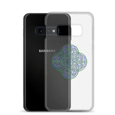 A Samsung Galaxy S10E behind a Xigfireon clear phone case featuring the Living Colour iteration of the Reach Of The Spirit Celtic knot design. The Reach Of The Spirit Celtic knot design represents Mother Earth.