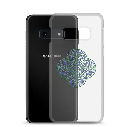 A Samsung Galaxy S10E behind a Xigfireon clear phone case featuring the Living Colour iteration of the Reach Of The Spirit Celtic knot design. The Reach Of The Spirit Celtic knot design represents Mother Earth.