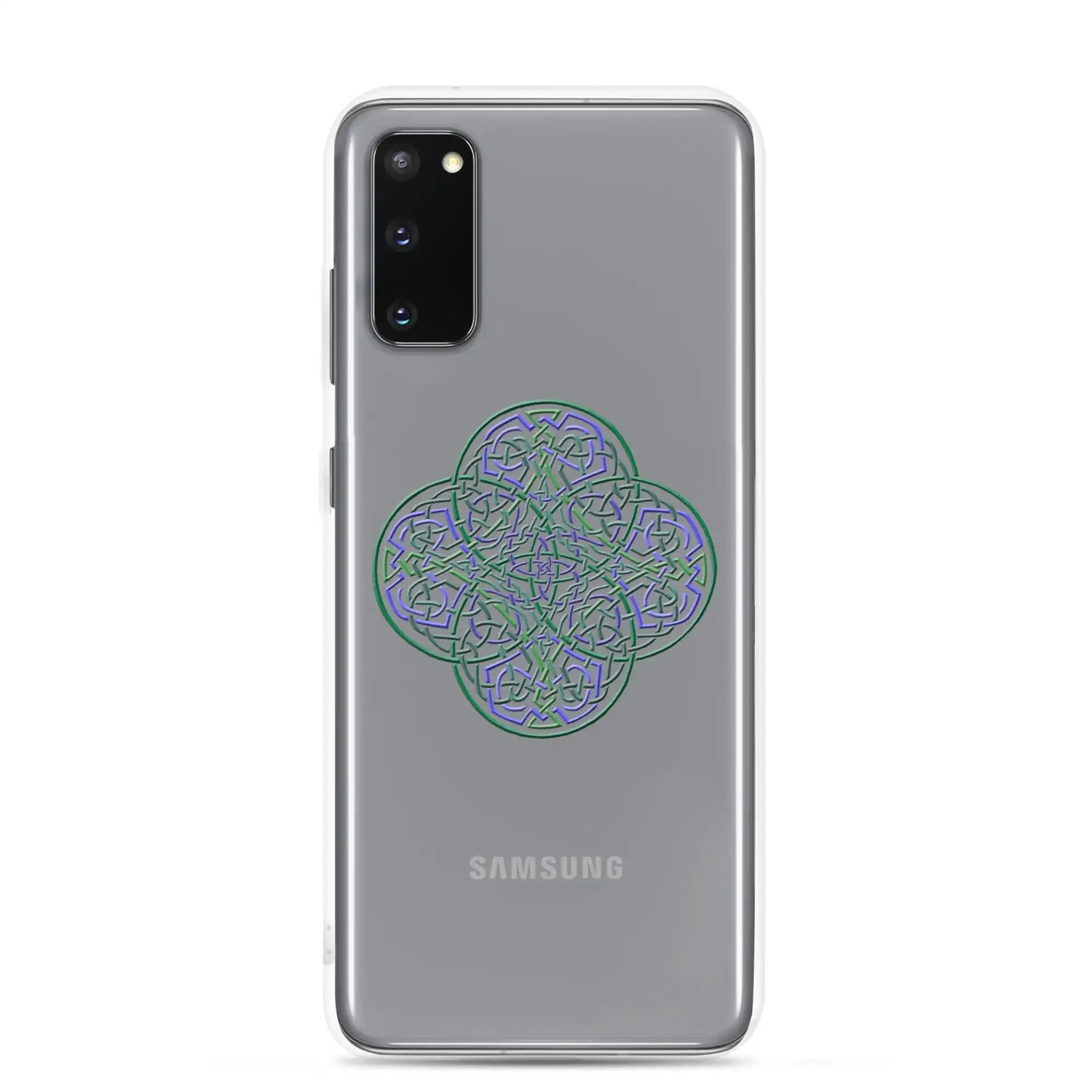 A Samsung Galaxy S20 with a Xigfireon clear phone case featuring the Living Colour iteration of the Reach Of The Spirit Celtic knot design. The Reach Of The Spirit Celtic knot design represents Mother Earth.