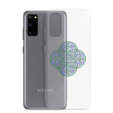 A Samsung Galaxy S20 behind a Xigfireon clear phone case featuring the Living Colour iteration of the Reach Of The Spirit Celtic knot design. The Reach Of The Spirit Celtic knot design represents Mother Earth.