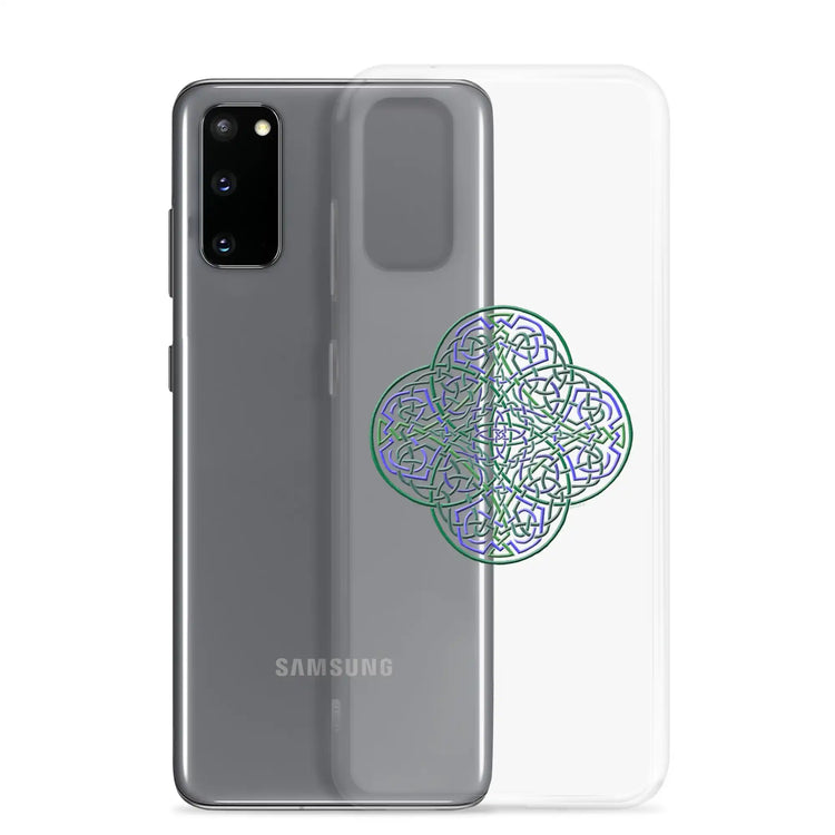 A Samsung Galaxy S20 behind a Xigfireon clear phone case featuring the Living Colour iteration of the Reach Of The Spirit Celtic knot design. The Reach Of The Spirit Celtic knot design represents Mother Earth.