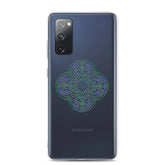 A Samsung Galaxy S20 FE with a Xigfireon clear phone case featuring the Living Colour iteration of the Reach Of The Spirit Celtic knot design. The `Reach Of The Spirit Celtic knot design represents Mother Earth.