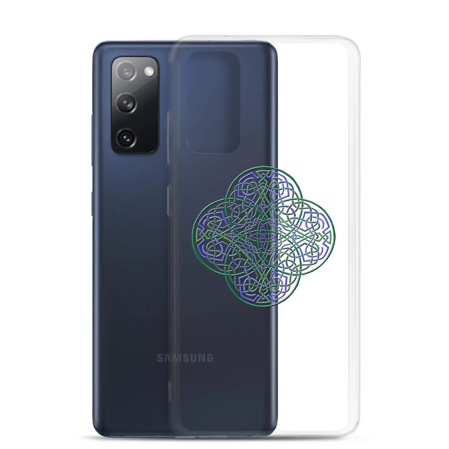 A Samsung Galaxy S20 FE behind a Xigfireon clear phone case featuring the Living Colour iteration of the Reach Of The Spirit Celtic knot design. The Reach Of The Spirit Celtic knot design represents Mother Earth.