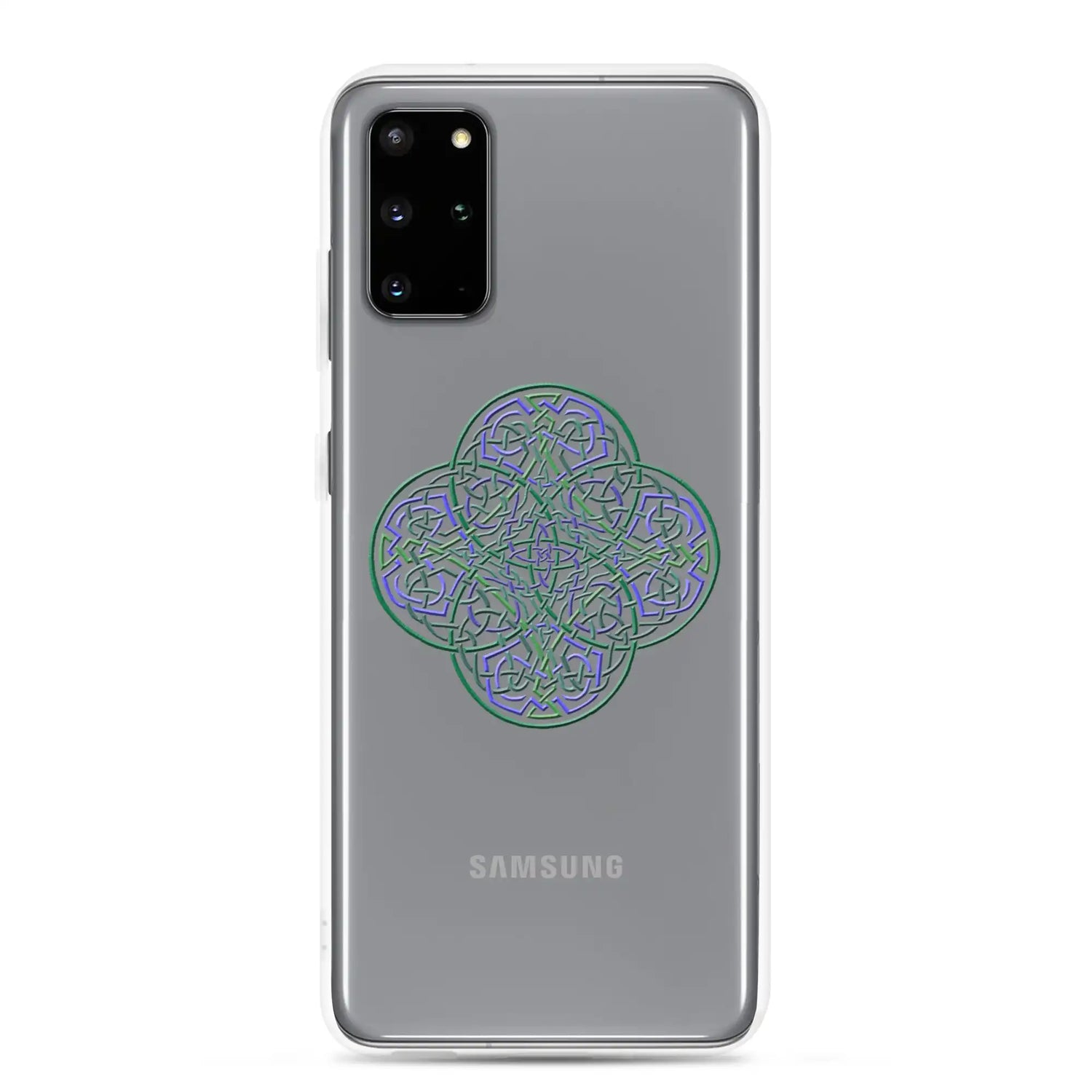 A Samsung Galaxy S20 Plus with a Xigfireon clear phone case featuring the Living Colour iteration of the Reach Of The Spirit Celtic knot design. The Reach Of The Spirit Celtic knot design represents Mother Earth.