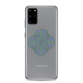 A Samsung Galaxy S20 Plus with a Xigfireon clear phone case featuring the Living Colour iteration of the Reach Of The Spirit Celtic knot design. The Reach Of The Spirit Celtic knot design represents Mother Earth.
