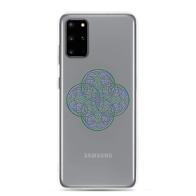 A Samsung Galaxy S20 Plus with a Xigfireon clear phone case featuring the Living Colour iteration of the Reach Of The Spirit Celtic knot design. The Reach Of The Spirit Celtic knot design represents Mother Earth.