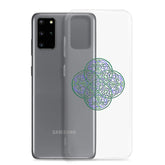 A Samsung Galaxy S20 plus behind a Xigfireon clear phone case featuring the Living Colour iteration of the Reach Of The Spirit Celtic knot design. The Reach Of The Spirit Celtic knot design represents Mother Earth.