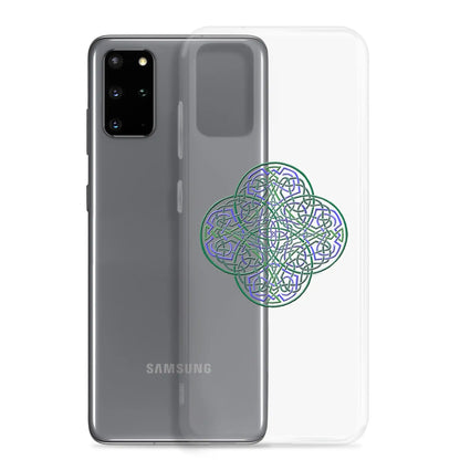 A Samsung Galaxy S20 plus behind a Xigfireon clear phone case featuring the Living Colour iteration of the Reach Of The Spirit Celtic knot design. The Reach Of The Spirit Celtic knot design represents Mother Earth.