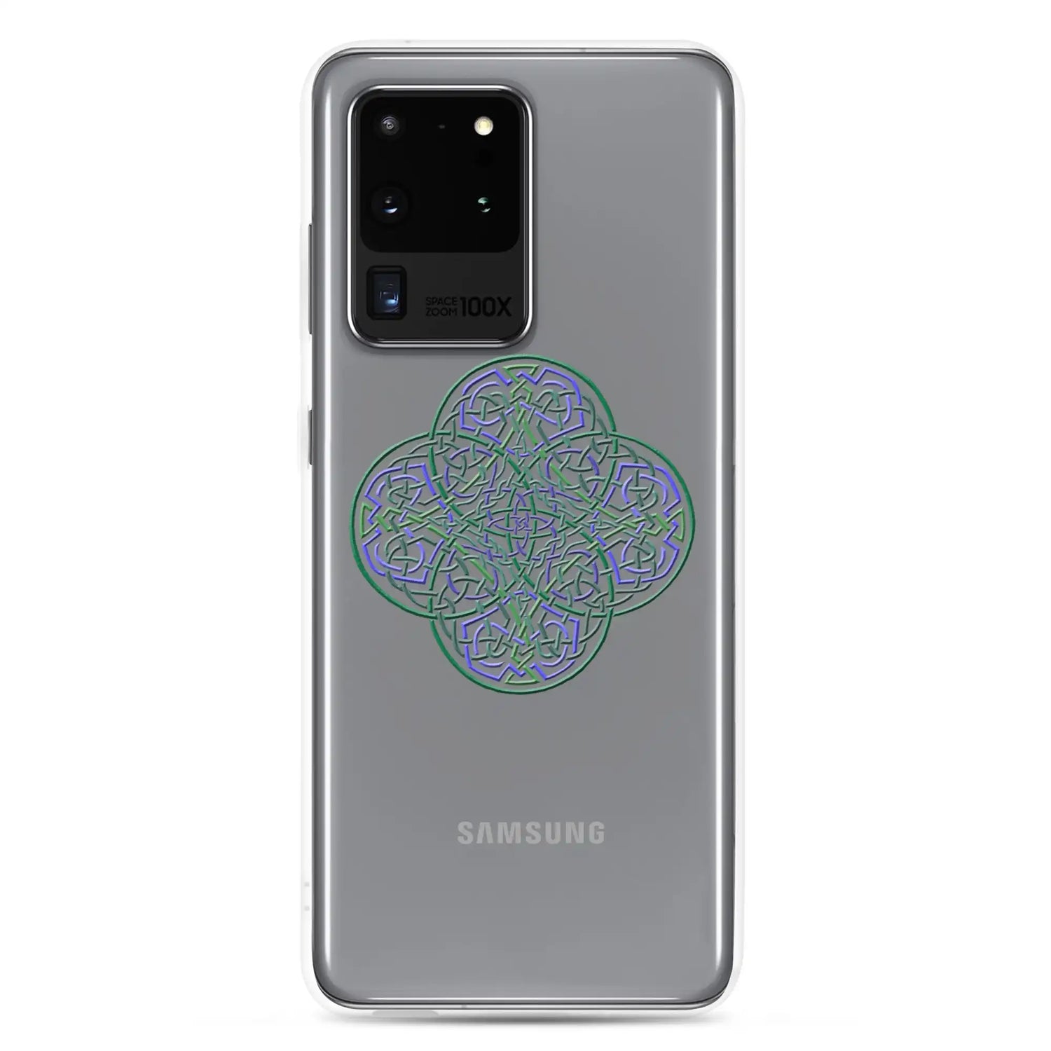 A Samsung Galaxy S20 Ultra with a Xigfireon clear phone case featuring the Living Colour iteration of the Reach Of The Spirit Celtic knot design. The Reach Of The Spirit Celtic knot design represents Mother Earth.