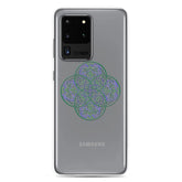 A Samsung Galaxy S20 Ultra with a Xigfireon clear phone case featuring the Living Colour iteration of the Reach Of The Spirit Celtic knot design. The Reach Of The Spirit Celtic knot design represents Mother Earth.