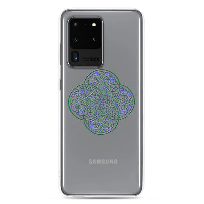 A Samsung Galaxy S20 Ultra with a Xigfireon clear phone case featuring the Living Colour iteration of the Reach Of The Spirit Celtic knot design. The Reach Of The Spirit Celtic knot design represents Mother Earth.