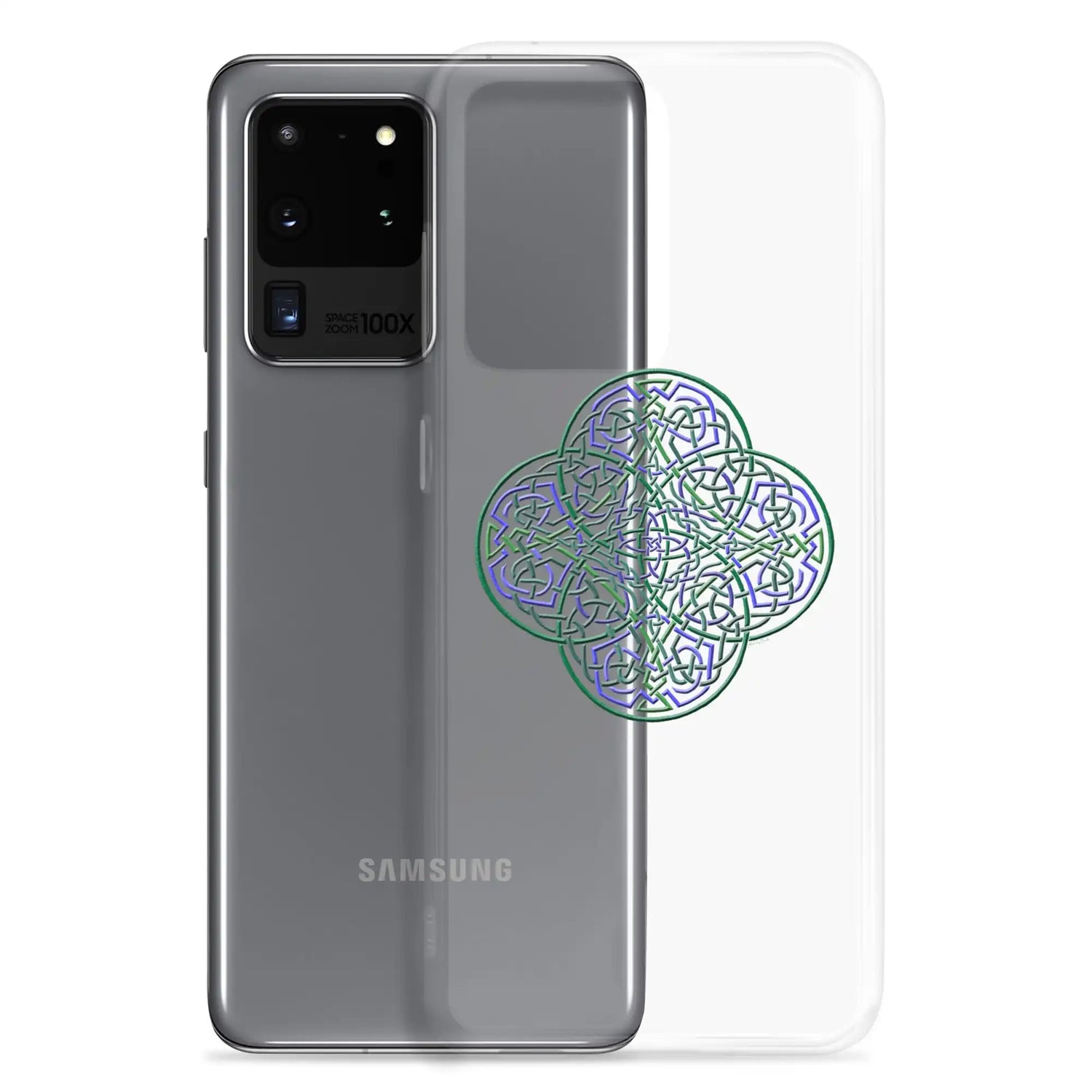 A Samsung Galaxy S20 Ultra behind a Xigfireon clear phone case featuring the Living Colour iteration of the Reach Of The Spirit Celtic knot design. The Reach Of The Spirit Celtic knot design represents Mother Earth.