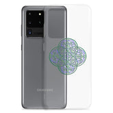 A Samsung Galaxy S20 Ultra behind a Xigfireon clear phone case featuring the Living Colour iteration of the Reach Of The Spirit Celtic knot design. The Reach Of The Spirit Celtic knot design represents Mother Earth.