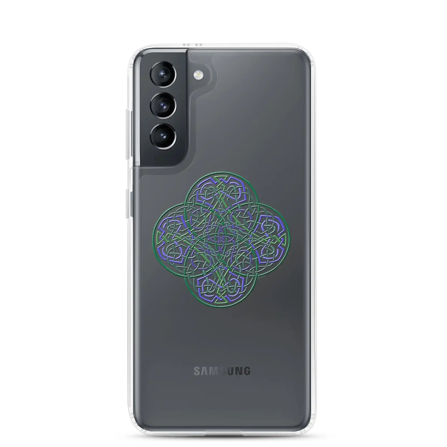 A Samsung Galaxy S21 with a Xigfireon clear phone case featuring the Living Colour iteration of the Reach Of The Spirit Celtic knot design. The Reach Of The Spirit Celtic knot design represents Mother Earth.