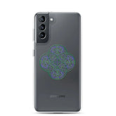 A Samsung Galaxy S21 with a Xigfireon clear phone case featuring the Living Colour iteration of the Reach Of The Spirit Celtic knot design. The Reach Of The Spirit Celtic knot design represents Mother Earth.