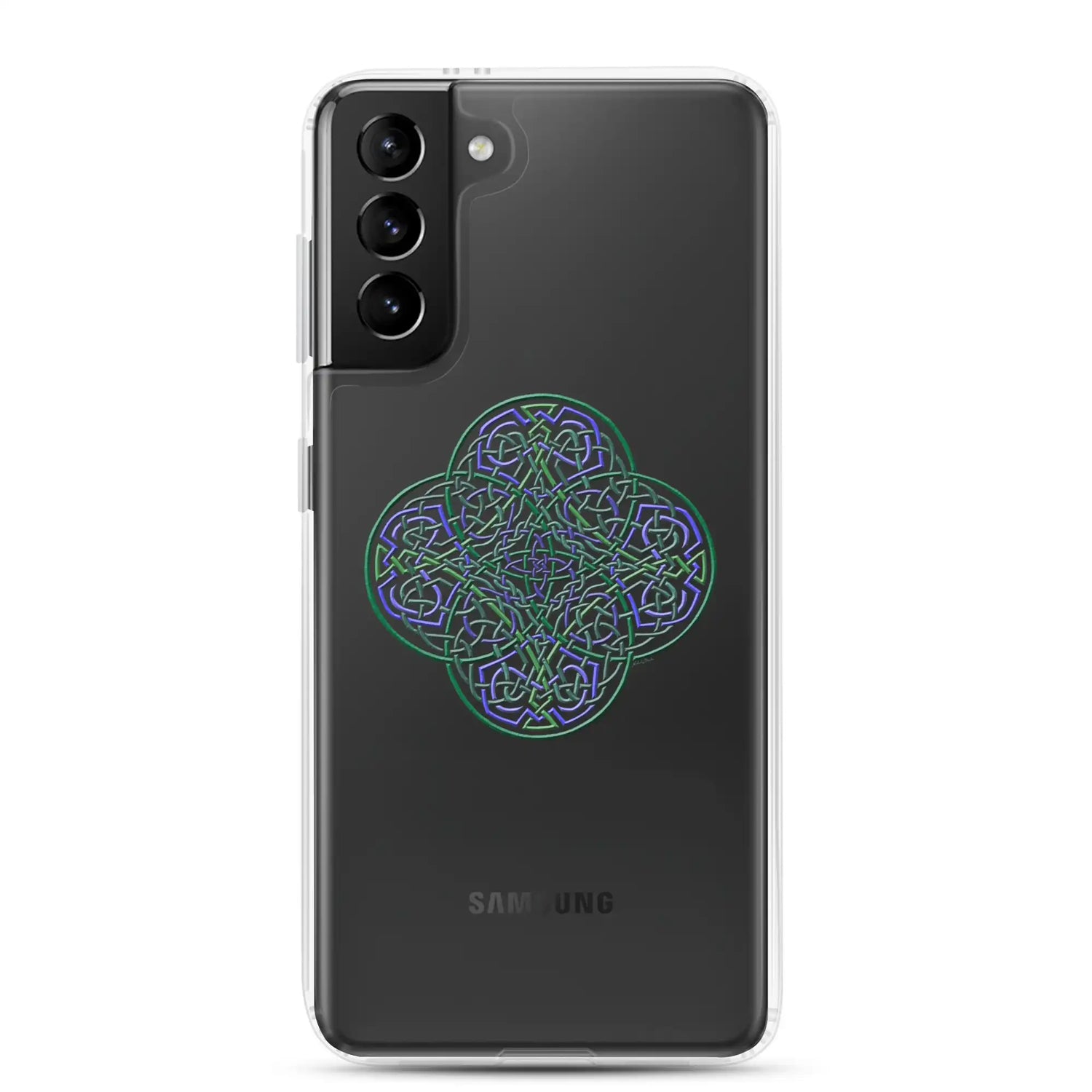 A Samsung Galaxy S21 Plus with a Xigfireon clear phone case featuring the Living Colour iteration of the Reach Of The Spirit Celtic knot design. The Reach Of The Spirit Celtic knot design represents Mother Earth.