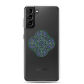 A Samsung Galaxy S21 Plus with a Xigfireon clear phone case featuring the Living Colour iteration of the Reach Of The Spirit Celtic knot design. The Reach Of The Spirit Celtic knot design represents Mother Earth.