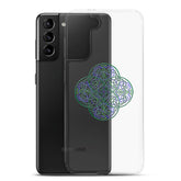 A Samsung Galaxy S21 Plus behind a Xigfireon clear phone case featuring the Living Colour iteration of the Reach Of The Spirit Celtic knot design. The Reach Of The Spirit Celtic knot design represents Mother Earth.