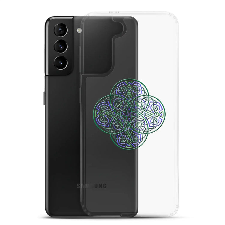 A Samsung Galaxy S21 Plus behind a Xigfireon clear phone case featuring the Living Colour iteration of the Reach Of The Spirit Celtic knot design. The Reach Of The Spirit Celtic knot design represents Mother Earth.