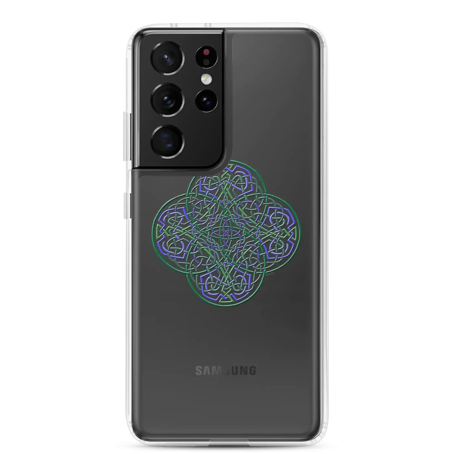 A Samsung Galaxy S21 Ultra with a Xigfireon clear phone case featuring the Living Colour iteration of the Reach Of The Spirit Celtic knot design. The Reach Of The Spirit Celtic knot design represents Mother Earth.