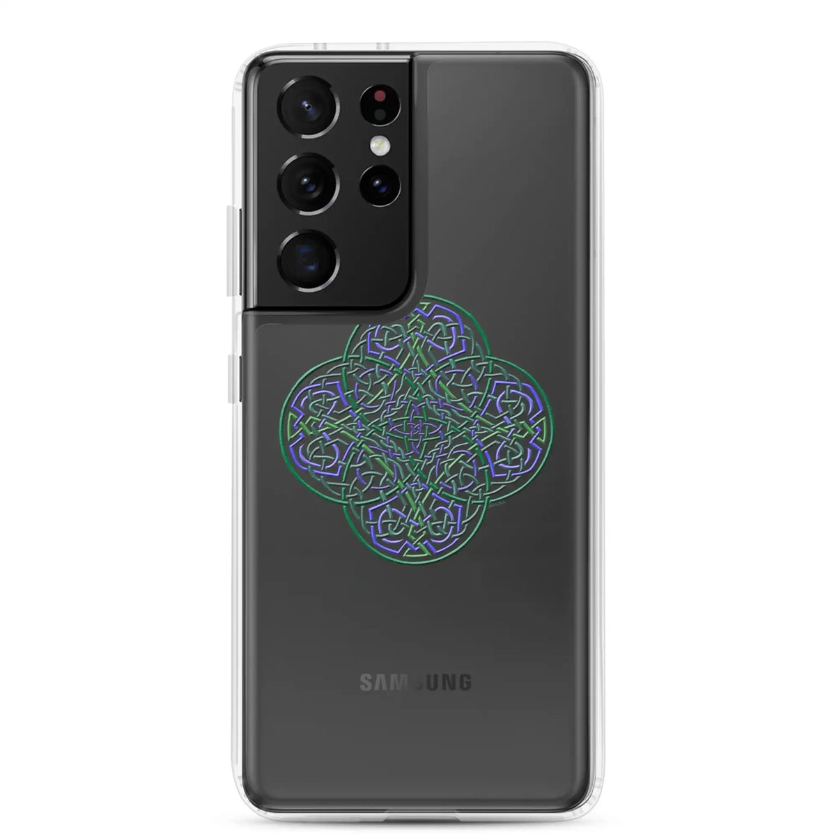A Samsung Galaxy S21 Ultra with a Xigfireon clear phone case featuring the Living Colour iteration of the Reach Of The Spirit Celtic knot design. The Reach Of The Spirit Celtic knot design represents Mother Earth.