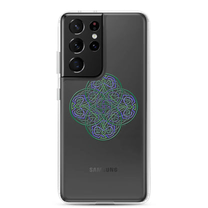 A Samsung Galaxy S21 Ultra with a Xigfireon clear phone case featuring the Living Colour iteration of the Reach Of The Spirit Celtic knot design. The Reach Of The Spirit Celtic knot design represents Mother Earth.