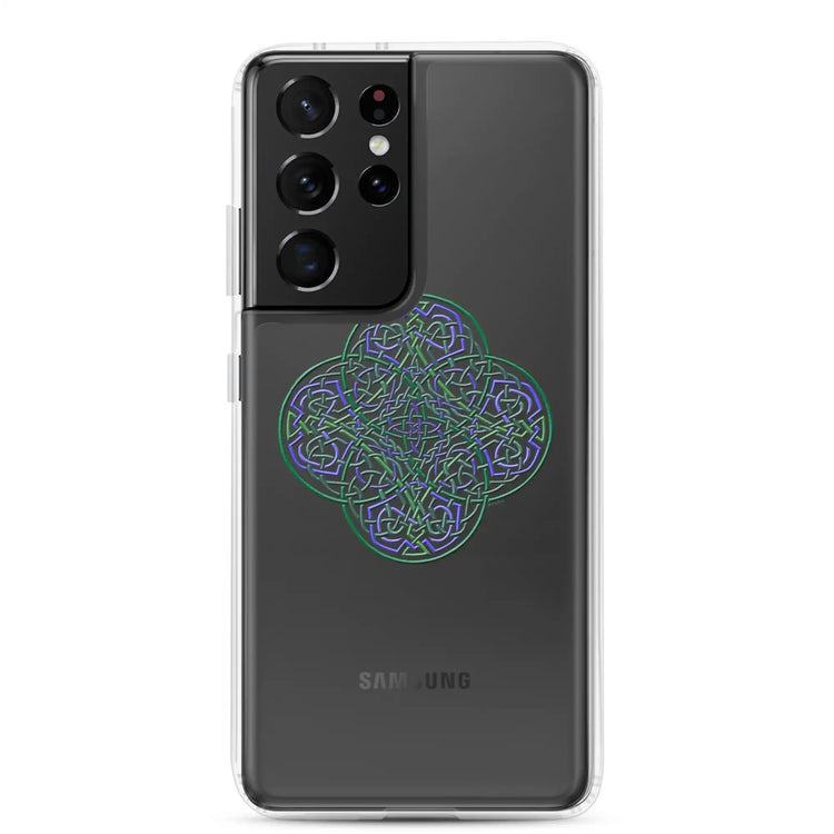A Samsung Galaxy S21 Ultra with a Xigfireon clear phone case featuring the Living Colour iteration of the Reach Of The Spirit Celtic knot design. The Reach Of The Spirit Celtic knot design represents Mother Earth.