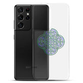 A Samsung Galaxy S21 Ultra behind a Xigfireon clear phone case featuring the Living Colour iteration of the Reach Of The Spirit Celtic knot design. The Reach Of The Spirit Celtic knot design represents Mother Earth.