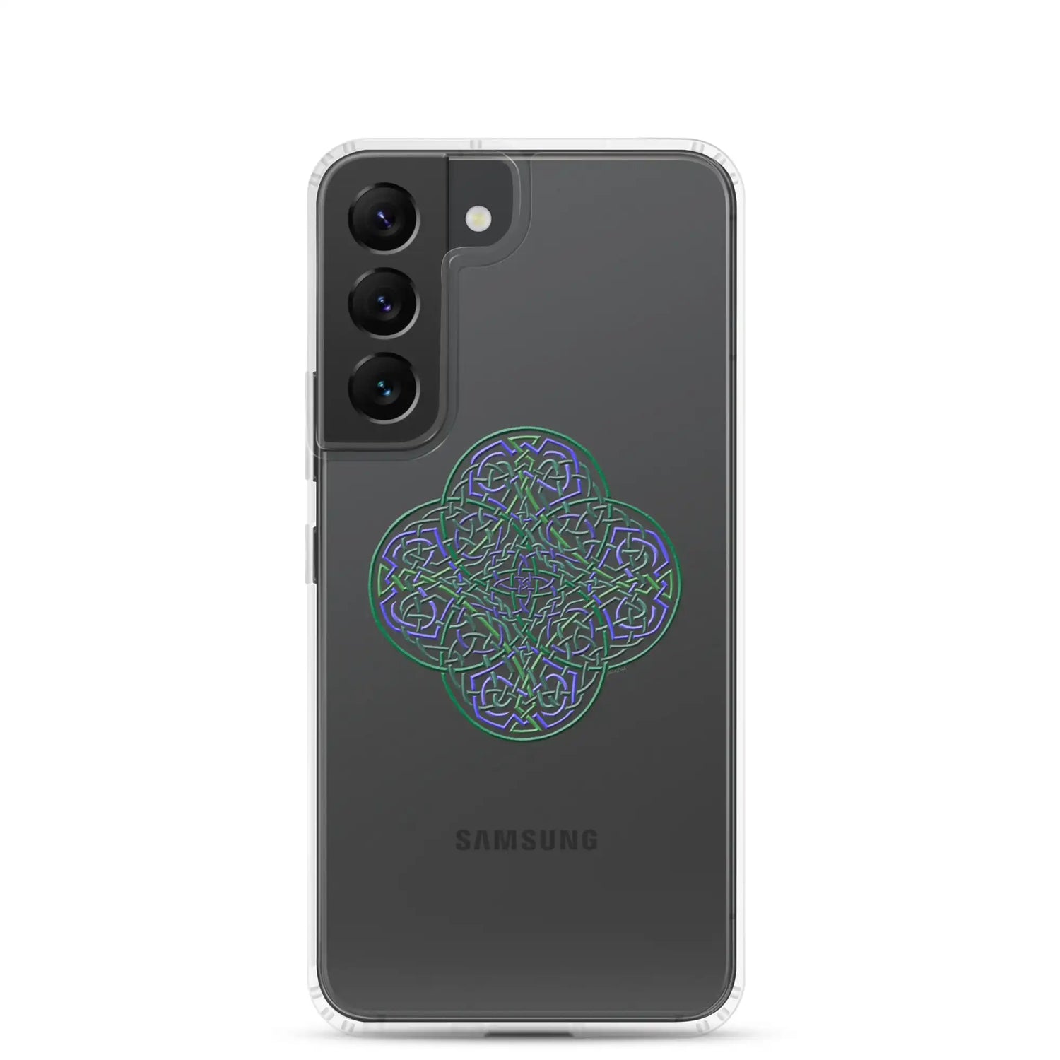 A Samsung Galaxy S22 with a Xigfireon clear phone case featuring the Living Colour iteration of the Reach Of The Spirit Celtic knot design. The Reach Of The Spirit Celtic knot design represents Mother Earth.