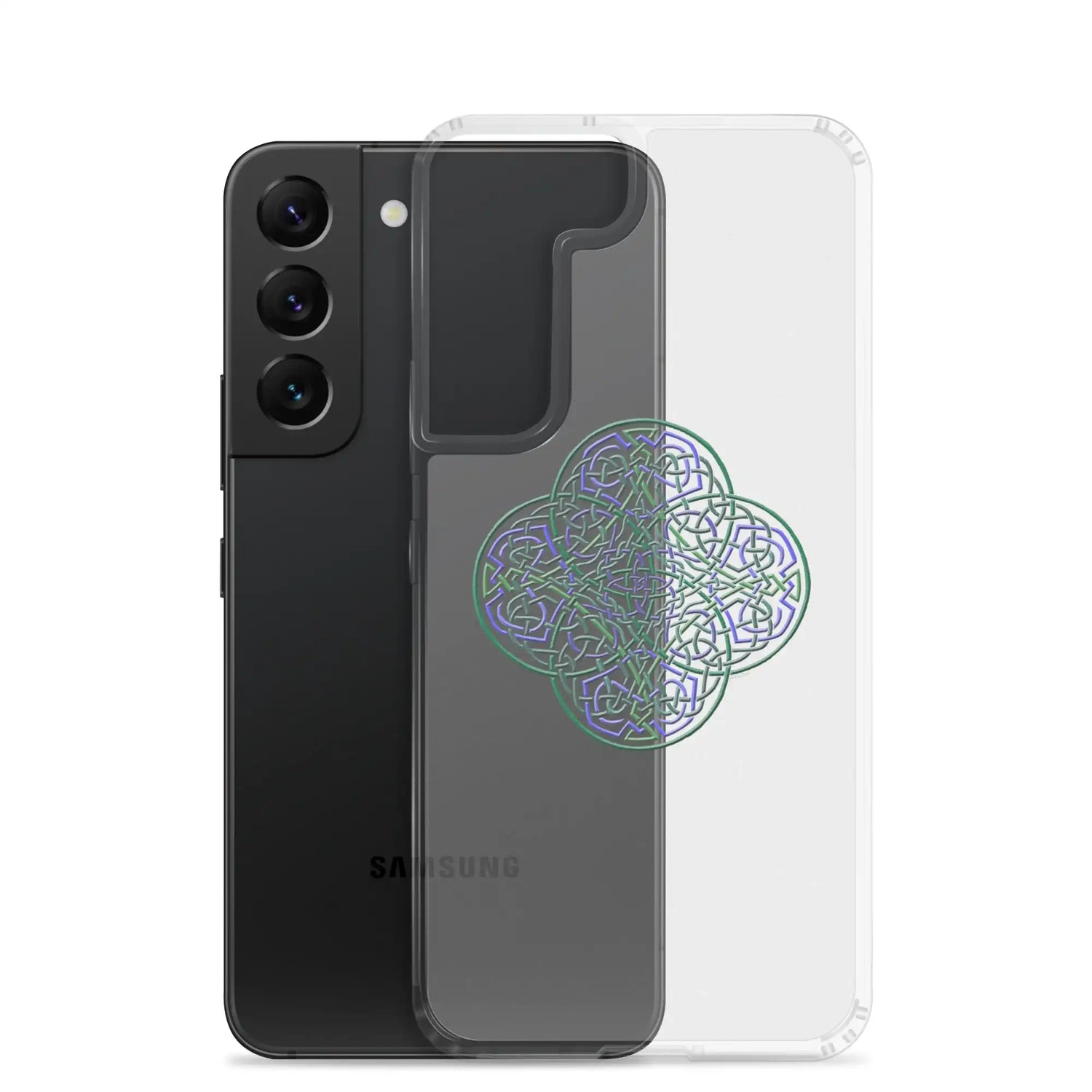 A Samsung Galaxy S22 behind a Xigfireon clear phone case featuring the Living Colour iteration of the Reach Of The Spirit Celtic knot design. The Reach Of The Spirit Celtic knot design represents Mother Earth.