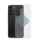 A Samsung Galaxy S22 behind a Xigfireon clear phone case featuring the Living Colour iteration of the Reach Of The Spirit Celtic knot design. The Reach Of The Spirit Celtic knot design represents Mother Earth.