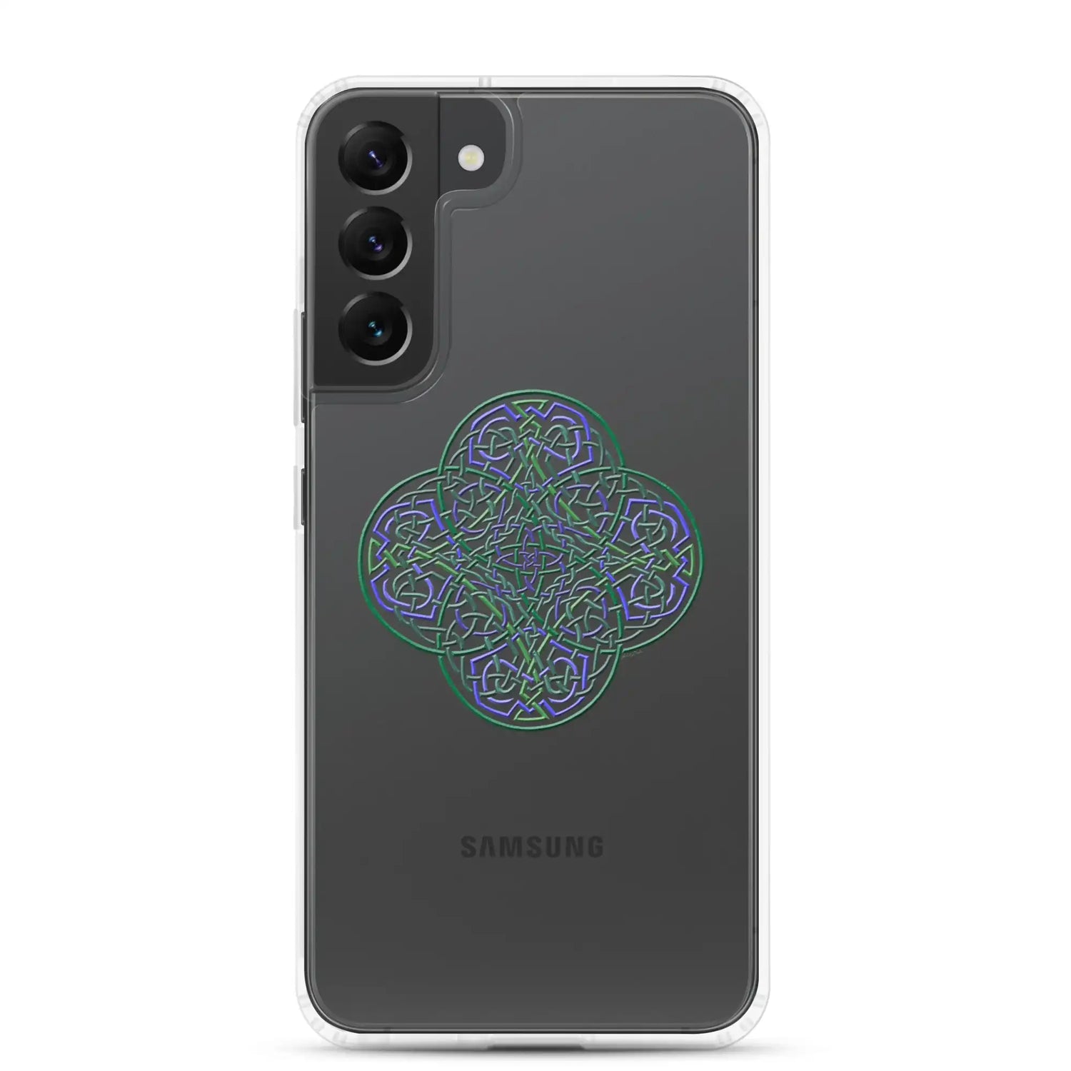 A Samsung Galaxy S22 Plus with a Xigfireon clear phone case featuring the Living Colour iteration of the Reach Of The Spirit Celtic knot design. The Reach Of The Spirit Celtic knot design represents Mother Earth.