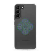 A Samsung Galaxy S22 Plus with a Xigfireon clear phone case featuring the Living Colour iteration of the Reach Of The Spirit Celtic knot design. The Reach Of The Spirit Celtic knot design represents Mother Earth.