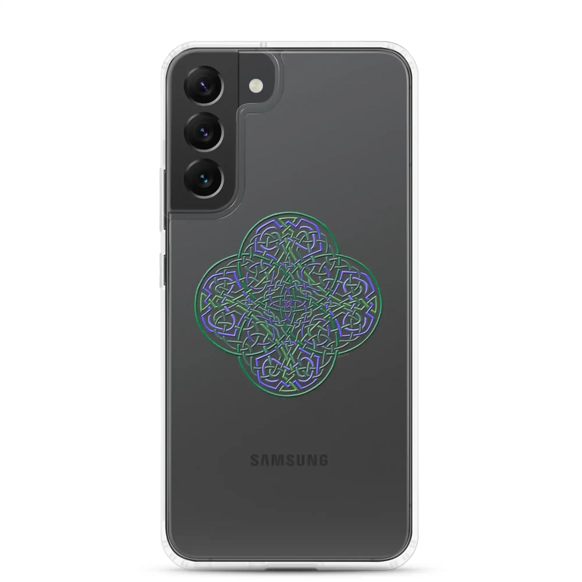 A Samsung Galaxy S22 Plus with a Xigfireon clear phone case featuring the Living Colour iteration of the Reach Of The Spirit Celtic knot design. The Reach Of The Spirit Celtic knot design represents Mother Earth.
