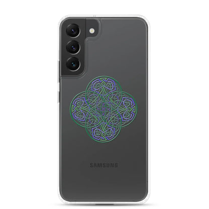 A Samsung Galaxy S22 Plus with a Xigfireon clear phone case featuring the Living Colour iteration of the Reach Of The Spirit Celtic knot design. The Reach Of The Spirit Celtic knot design represents Mother Earth.