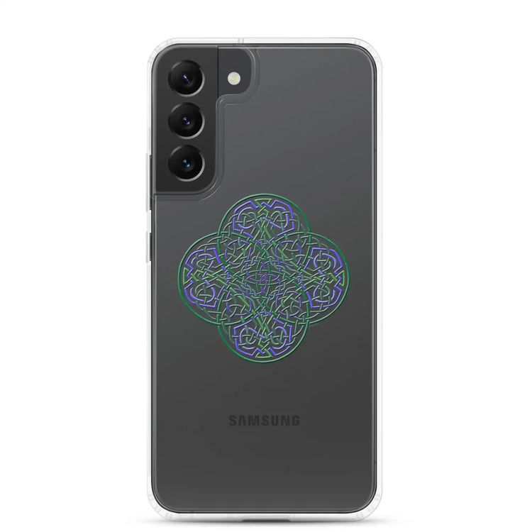 A Samsung Galaxy S22 Plus with a Xigfireon clear phone case featuring the Living Colour iteration of the Reach Of The Spirit Celtic knot design. The Reach Of The Spirit Celtic knot design represents Mother Earth.