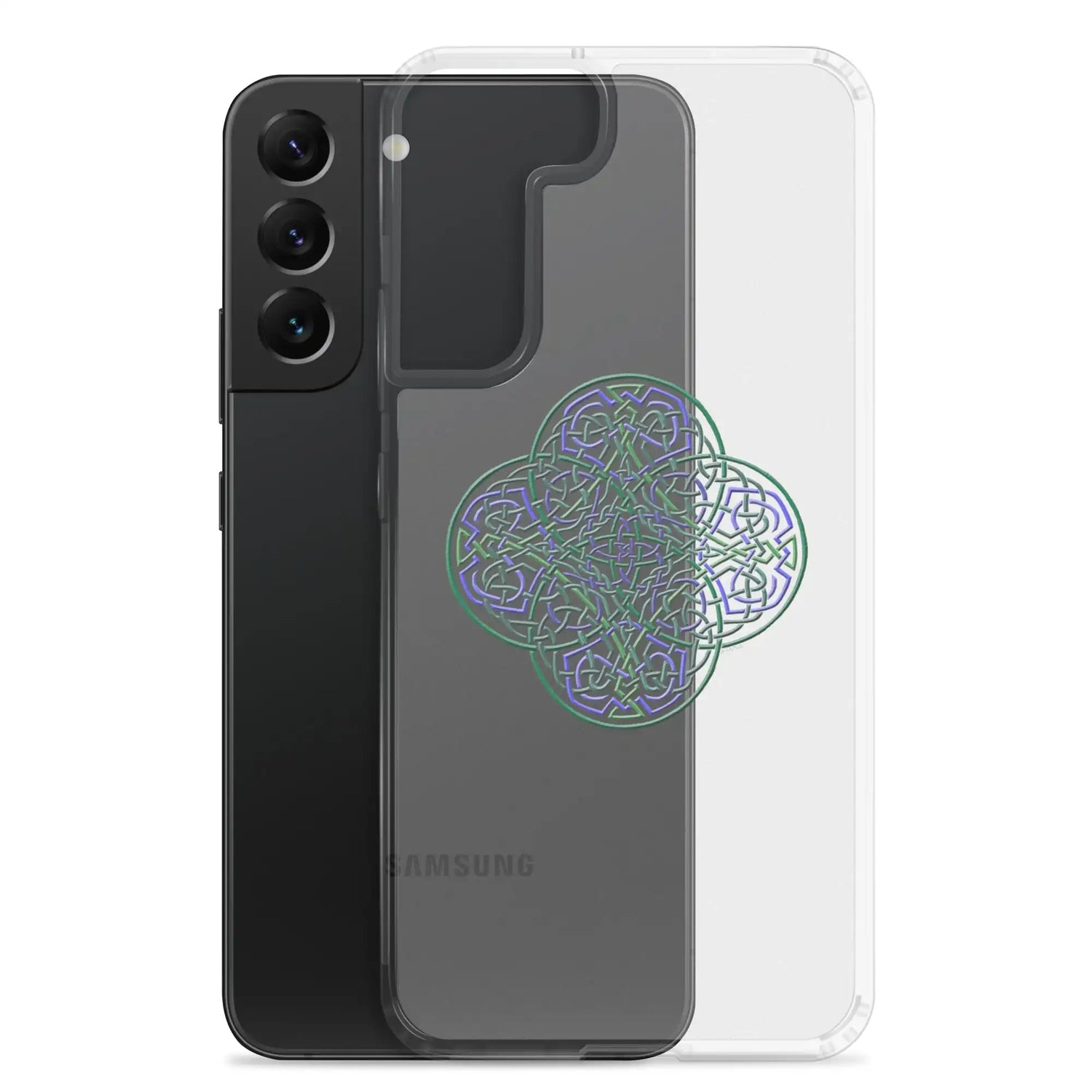 A Samsung Galaxy S22 Plus behind a Xigfireon clear phone case featuring the Living Colour iteration of the Reach Of The Spirit Celtic knot design. The Reach Of The Spirit Celtic knot design represents Mother Earth.