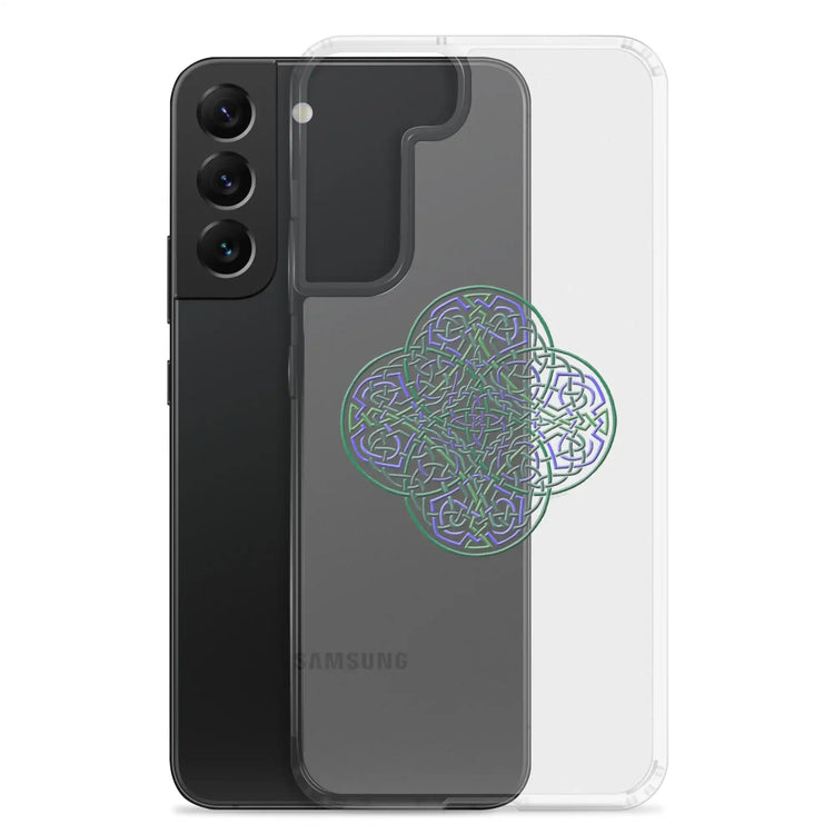 A Samsung Galaxy S22 Plus behind a Xigfireon clear phone case featuring the Living Colour iteration of the Reach Of The Spirit Celtic knot design. The Reach Of The Spirit Celtic knot design represents Mother Earth.