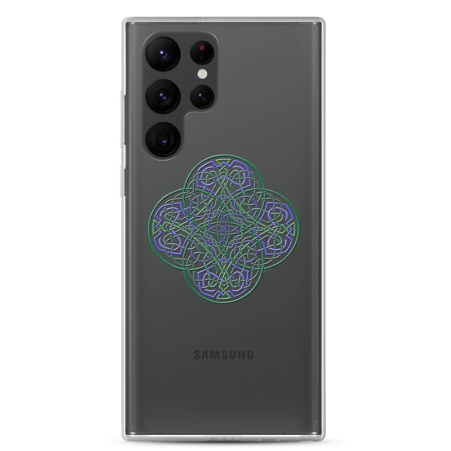 A Samsung Galaxy S22 Ultra with a Xigfireon clear phone case featuring the Living Colour iteration of the Reach Of The Spirit Celtic knot design. The Reach Of The Spirit Celtic knot design represents Mother Earth.