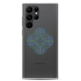 A Samsung Galaxy S22 Ultra with a Xigfireon clear phone case featuring the Living Colour iteration of the Reach Of The Spirit Celtic knot design. The Reach Of The Spirit Celtic knot design represents Mother Earth.
