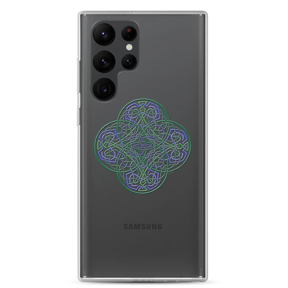 A Samsung Galaxy S22 Ultra with a Xigfireon clear phone case featuring the Living Colour iteration of the Reach Of The Spirit Celtic knot design. The Reach Of The Spirit Celtic knot design represents Mother Earth.