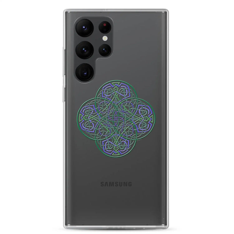 A Samsung Galaxy S22 Ultra with a Xigfireon clear phone case featuring the Living Colour iteration of the Reach Of The Spirit Celtic knot design. The Reach Of The Spirit Celtic knot design represents Mother Earth.
