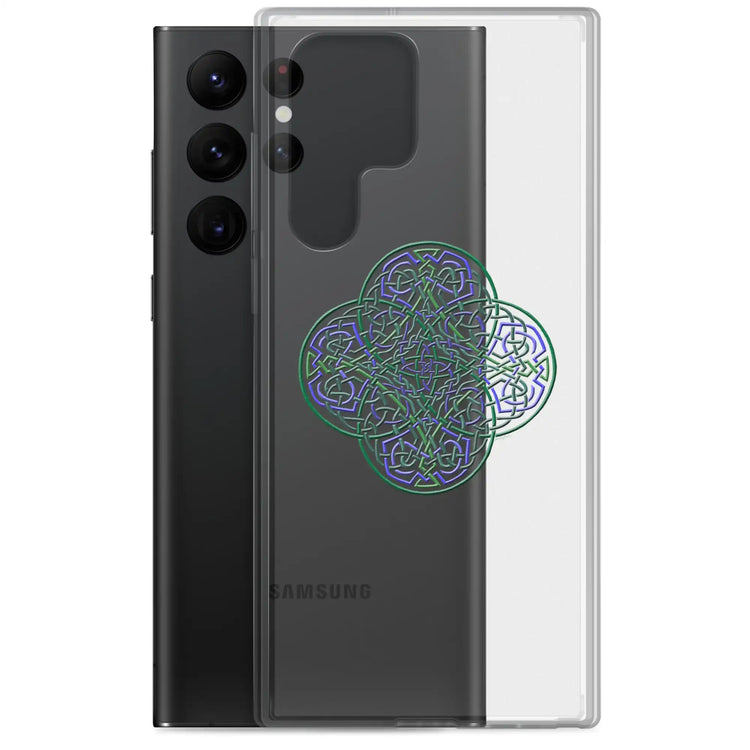 A Samsung Galaxy S22 Ultra behind a Xigfireon clear phone case featuring the Living Colour iteration of the Reach Of The Spirit Celtic knot design. The Reach Of The Spirit Celtic knot design represents Mother Earth.