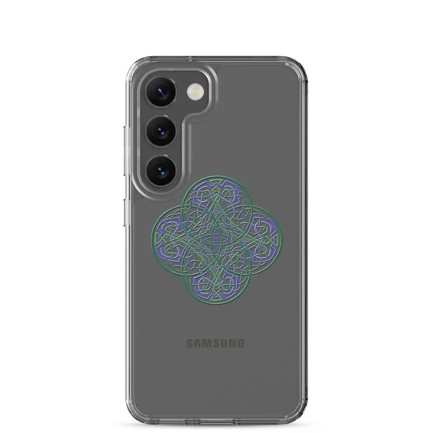 A Samsung Galaxy S23 with a Xigfireon clear phone case featuring the Living Colour iteration of the Reach Of The Spirit Celtic knot design. The Reach Of The Spirit Celtic knot design represents Mother Earth.