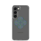A Samsung Galaxy S23 with a Xigfireon clear phone case featuring the Living Colour iteration of the Reach Of The Spirit Celtic knot design. The Reach Of The Spirit Celtic knot design represents Mother Earth.